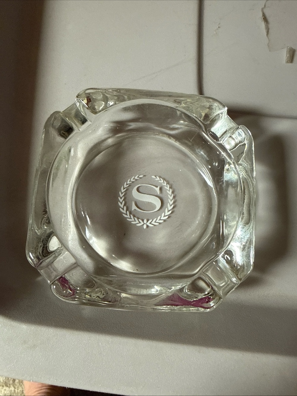 Clear Heavy Glass Square Ashtray “S” in Laurel Wreath, Sheraton Hotel